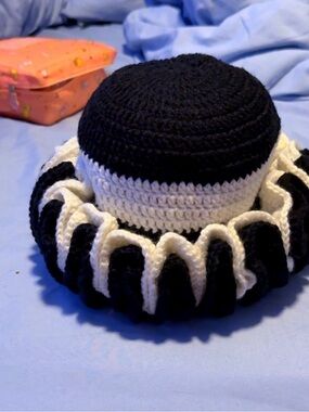 Handmade Black & White Crochet Kids Hat with Ruffle Brim